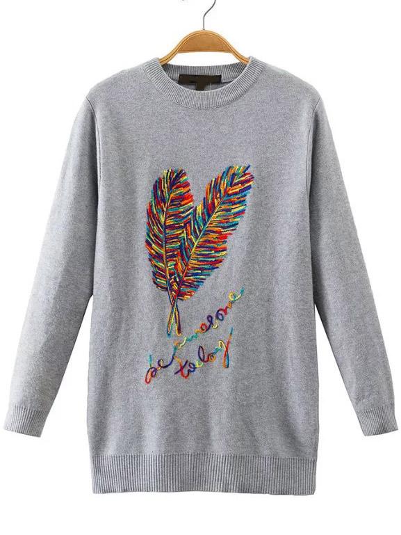 Shein Grey Feather Embroidery Crew Neck Sweater
