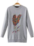 Shein Grey Feather Embroidery Crew Neck Sweater