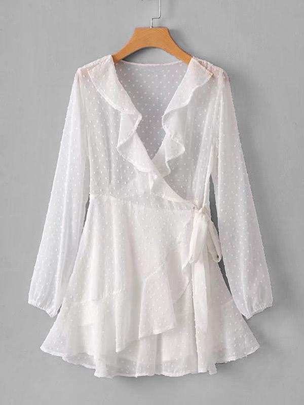 Shein Ruffle Trim Spot Chiffon Wrap Dress