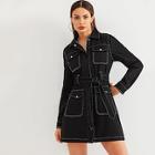 Shein Contrast Stitch Zip Up Belted Coat