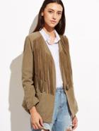 Shein Khaki Faux Suede Collarless Fringe Blazer