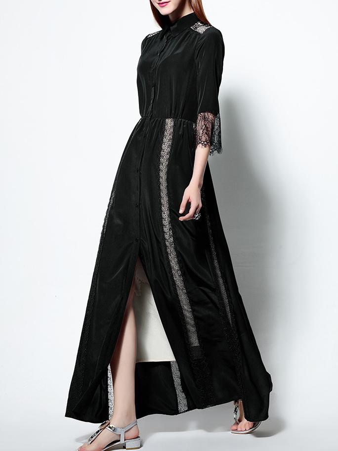 Shein Black Lapel Length Sleeve Contrast Lace Dress