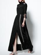 Shein Black Lapel Length Sleeve Contrast Lace Dress