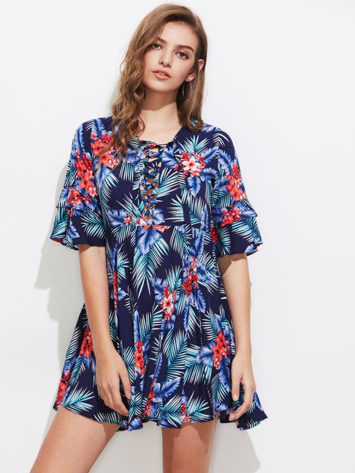 Shein Lace Up Plunge Neck Frill Sleeve Tropical Dress
