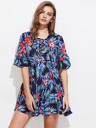 Shein Lace Up Plunge Neck Frill Sleeve Tropical Dress