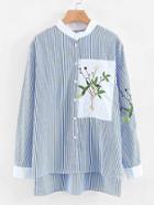 Shein Vertical Striped Embroidery High Low Shirt