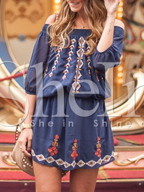 Shein Navy Half Sleeve Broderie Off The Shoulder Boatneck Embellishments Embroidered Dress
