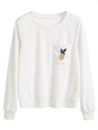 Shein White Pineapple Embroidered Sweatshirt With Pocket