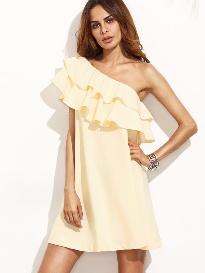 Shein Apricot Ruffle One Shoulder Shift Dress