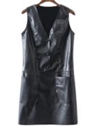 Shein Black V Neck Three Buttons Pockets Pu Dress