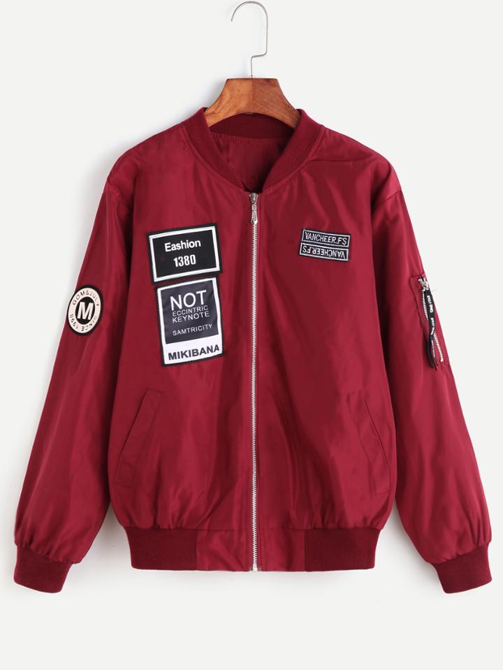Shein Burgundy Ribbed Trim Patches Bomber Jacket