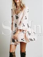 Shein Pink Long Sleeve Backless Embroidered Dress