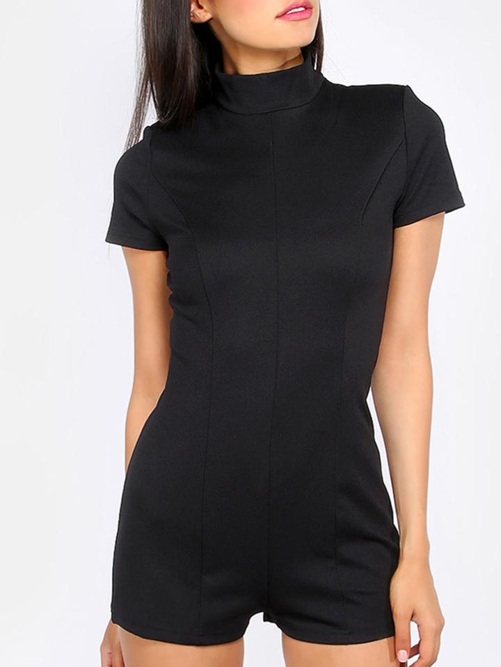 Shein Black High Neck Short Sleeve Jumpsuit