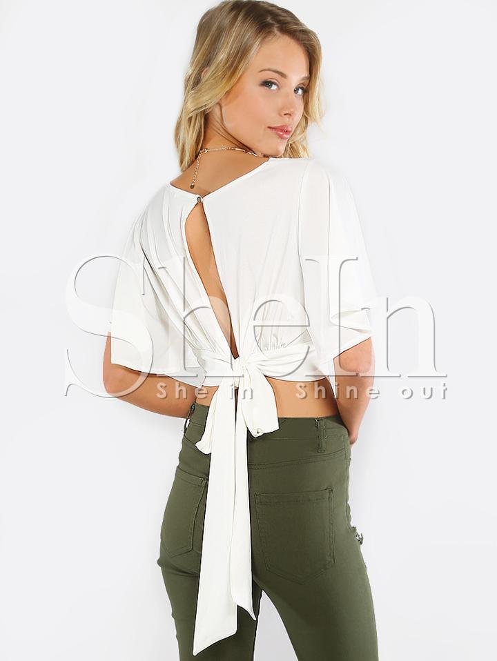 Shein Beige V Neck Tie Back Crop Blouse