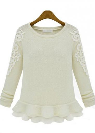 Rosewe Enchanting Long Sleeve Round Neck White Pullovers With Ruffles