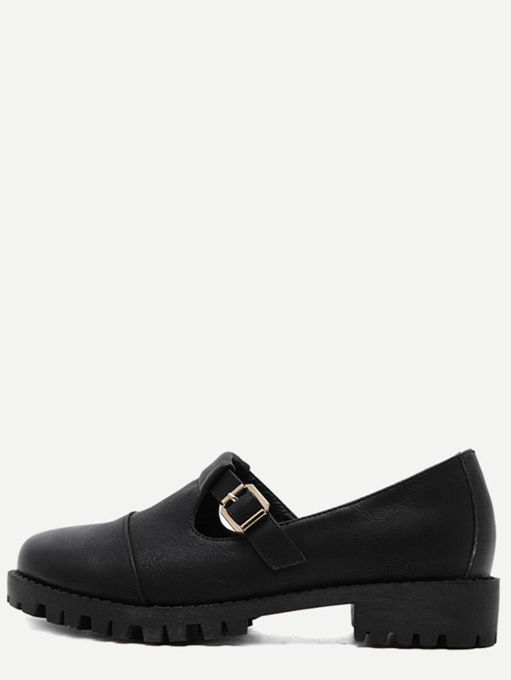 Shein Black Faux Leather Round Toe Buckle Strap Shoes