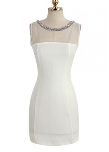 Rosewe White Mesh Splicing Sleeveless Sheath Dress For Women