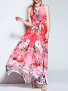 Shein Red Crew Neck Floral Maxi Dress
