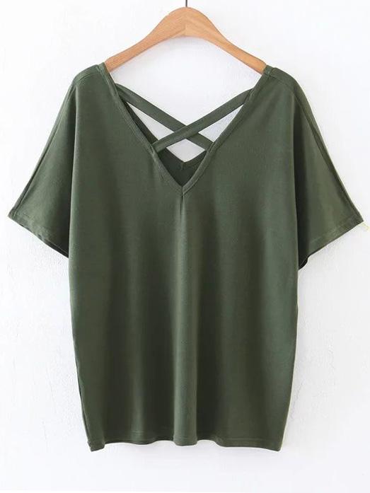 Shein Army Green Double V Neck Criss Cross Front T-shirt