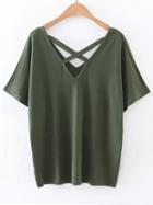 Shein Army Green Double V Neck Criss Cross Front T-shirt
