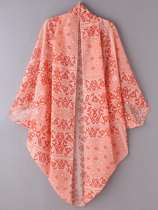 Shein Orange Paisley Print Open Front Chiffon Blouse