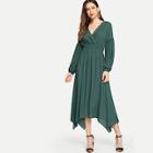 Shein Lantern Sleeve Lace Insert Hanky Hem Dress