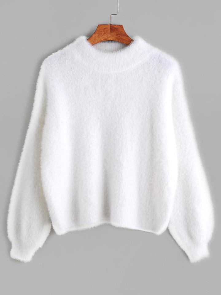 Shein White Crew Neck Drop Shoulder Fuzzy Sweater