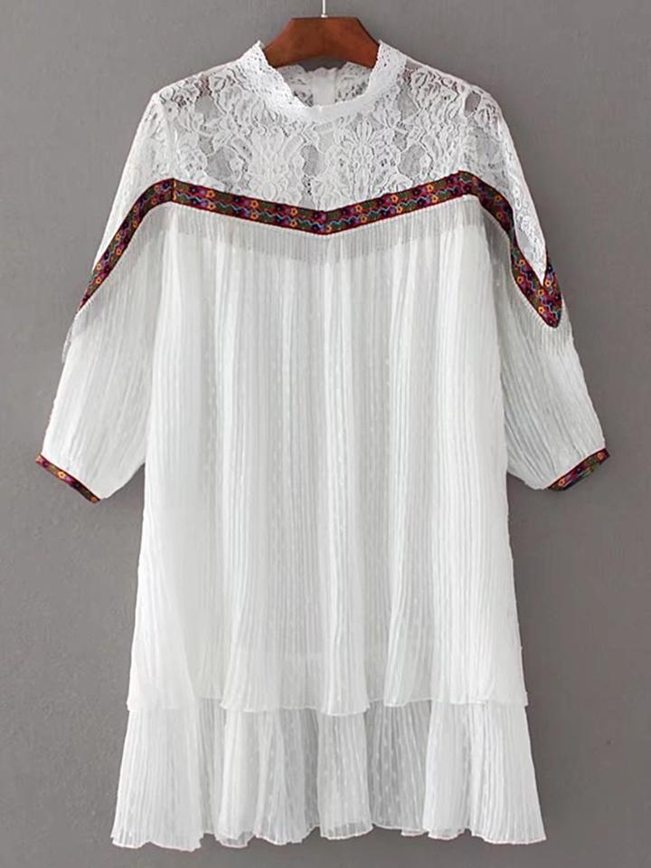 Shein Band Collar Contrast Lace Layered Dress