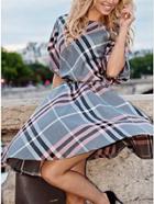 Shein Color-block Elbow Sleeve Plaid A-line Dress
