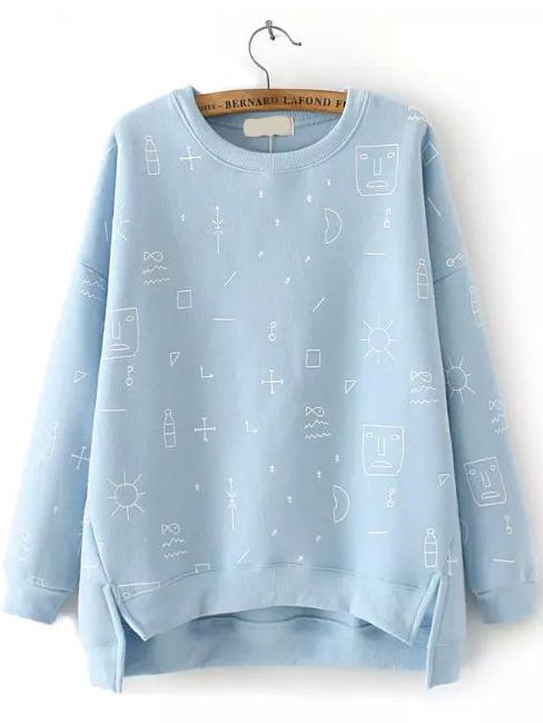 Shein Blue Round Neck Graffiti Print Dip Hem Sweatshirt
