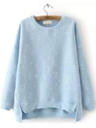 Shein Blue Round Neck Graffiti Print Dip Hem Sweatshirt