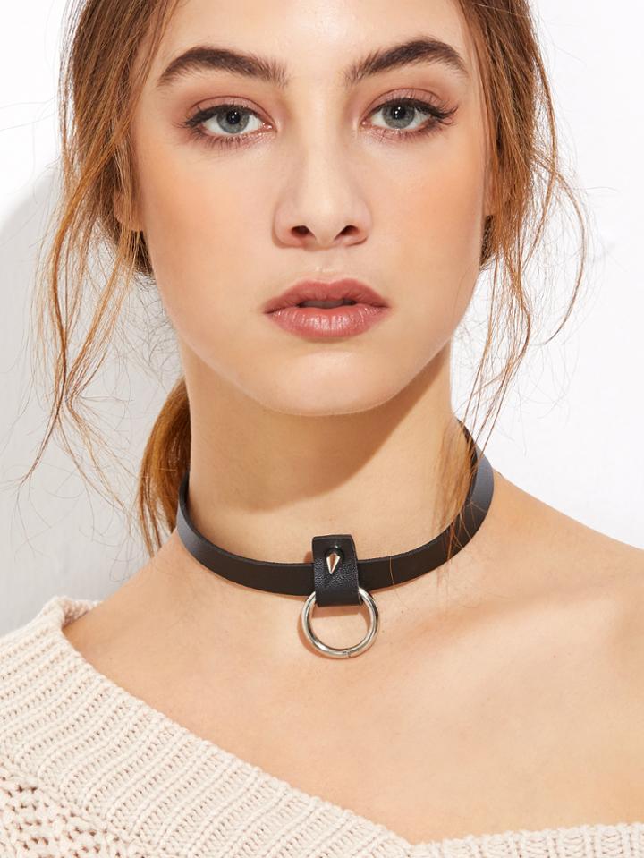 Shein Black Pu Leather Hollow Circle Spike Choker Necklace