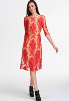Shein Red Long Sleeve Haute Embroidered Backless Lace Dress