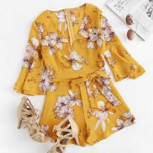 Shein Fluted Sleeve Floral Print Self Tie Waist Romper