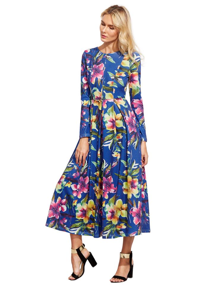 Shein Blue Long Sleeve Flowery Floral Pastel Dress