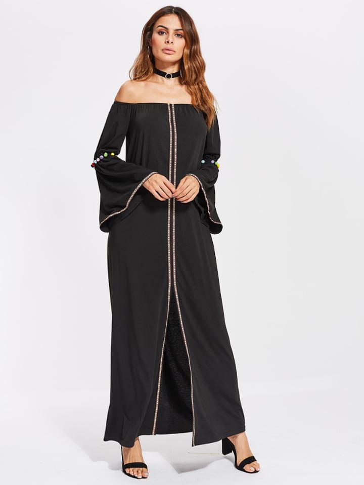 Shein Embroidered Tape And Pom Pom Detail Dress