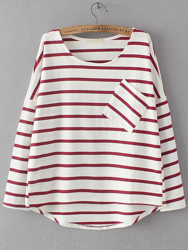 Shein Red Dropped Shoulder Seam Striped Dip Hem Pocket T-shirt
