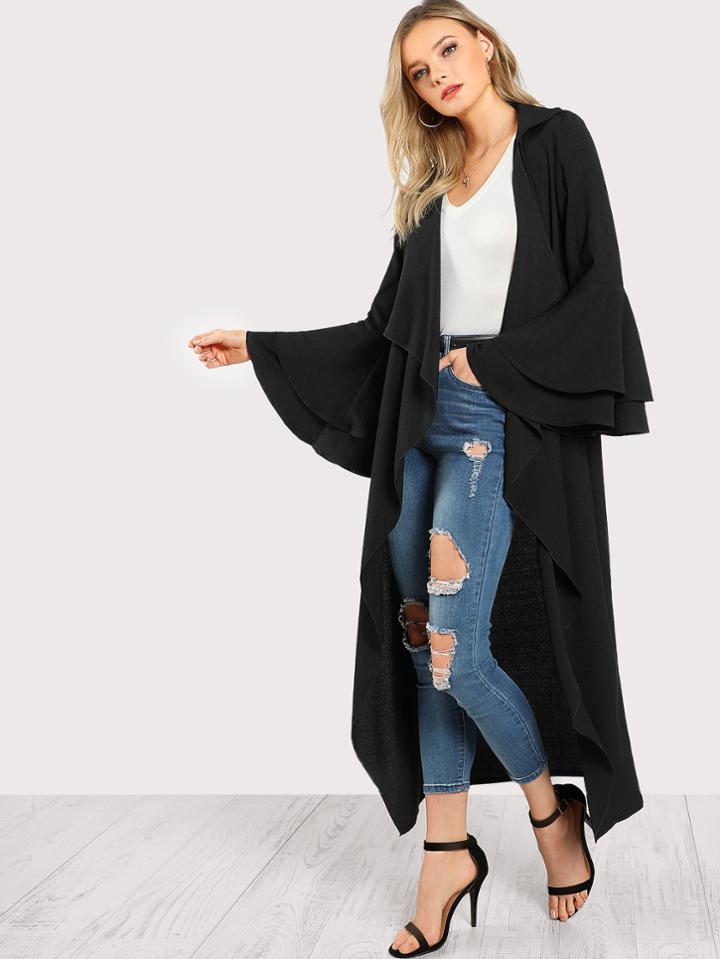 Shein Notch Collar Ruffle Sleeve Longline Coat