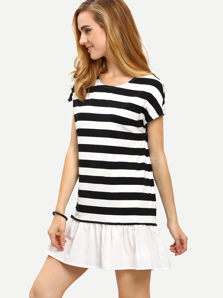 Shein Black White Striped Short Sleeve Ruffle Dress