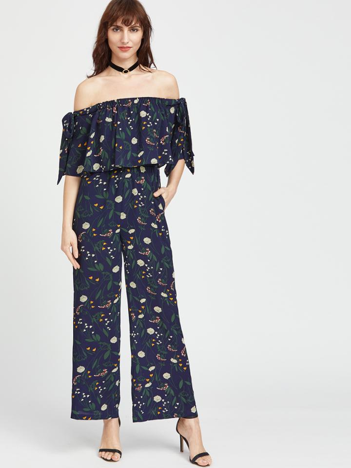 Shein Botanical Print Bow Tie Wide Leg Bardot Jumpsuit