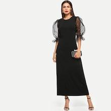 Shein Mesh Contrast Puff Sleeve Longline Dress