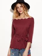 Shein Burgundy Belted Scallop Off The Shoulder Top