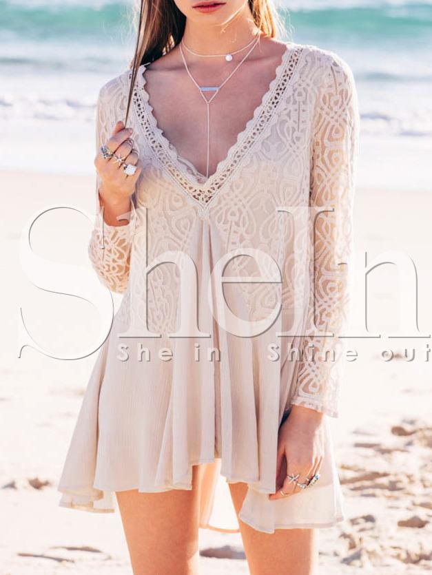 Shein Apricot Neutral Long Sleeve Lace Pleated Dress