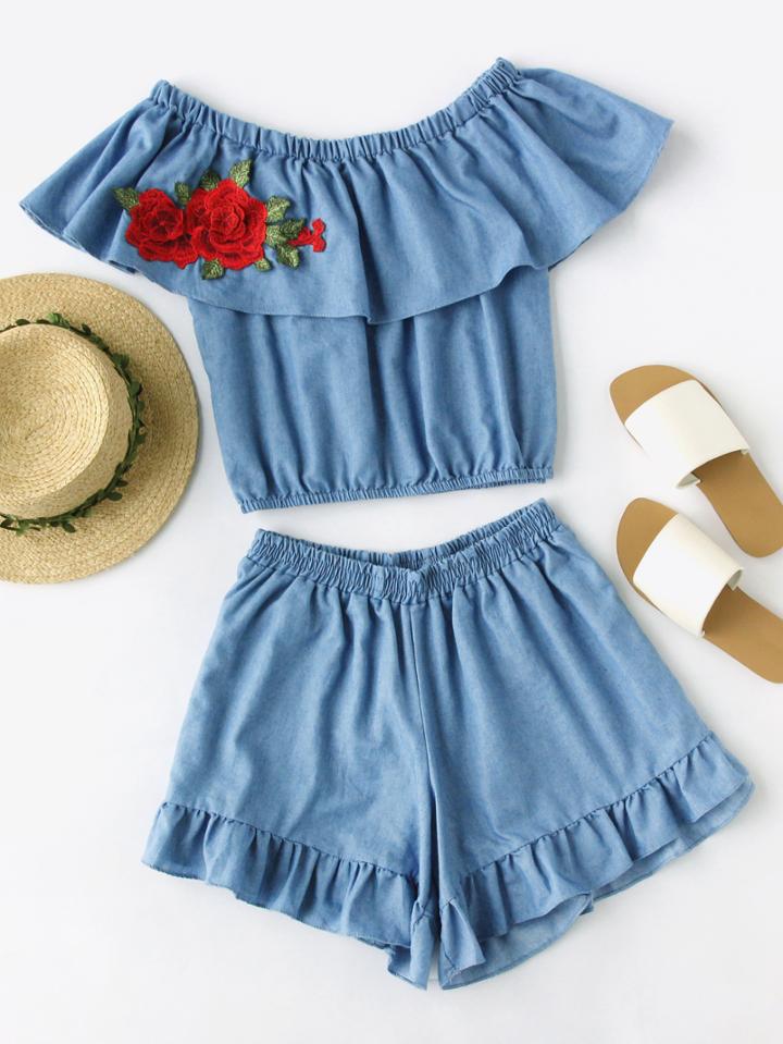 Shein Flounce Boat Neckline Applique Top With Frill Trim Shorts
