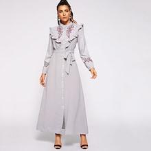 Shein Floral Embroidered Belted Ruffle Single Breasted Dress