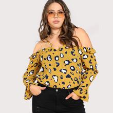 Shein Plus Leopard Print Ruffle Cold Shoulder Top