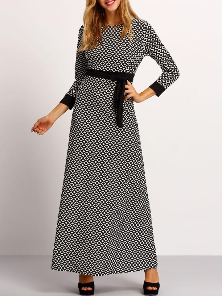 Shein Geometric Print Maxi Dress With Sash