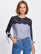 Shein Lace Yoke Bow Tie Cuff Striped Blouse