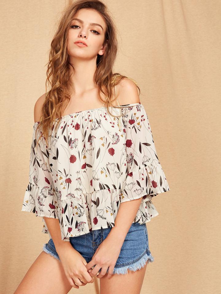 Shein Self Tie Shoulder Ruffle Hem Botanical Top