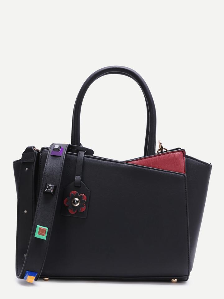 Shein Black Geo Panel Shoulder Bag With Studded Strap